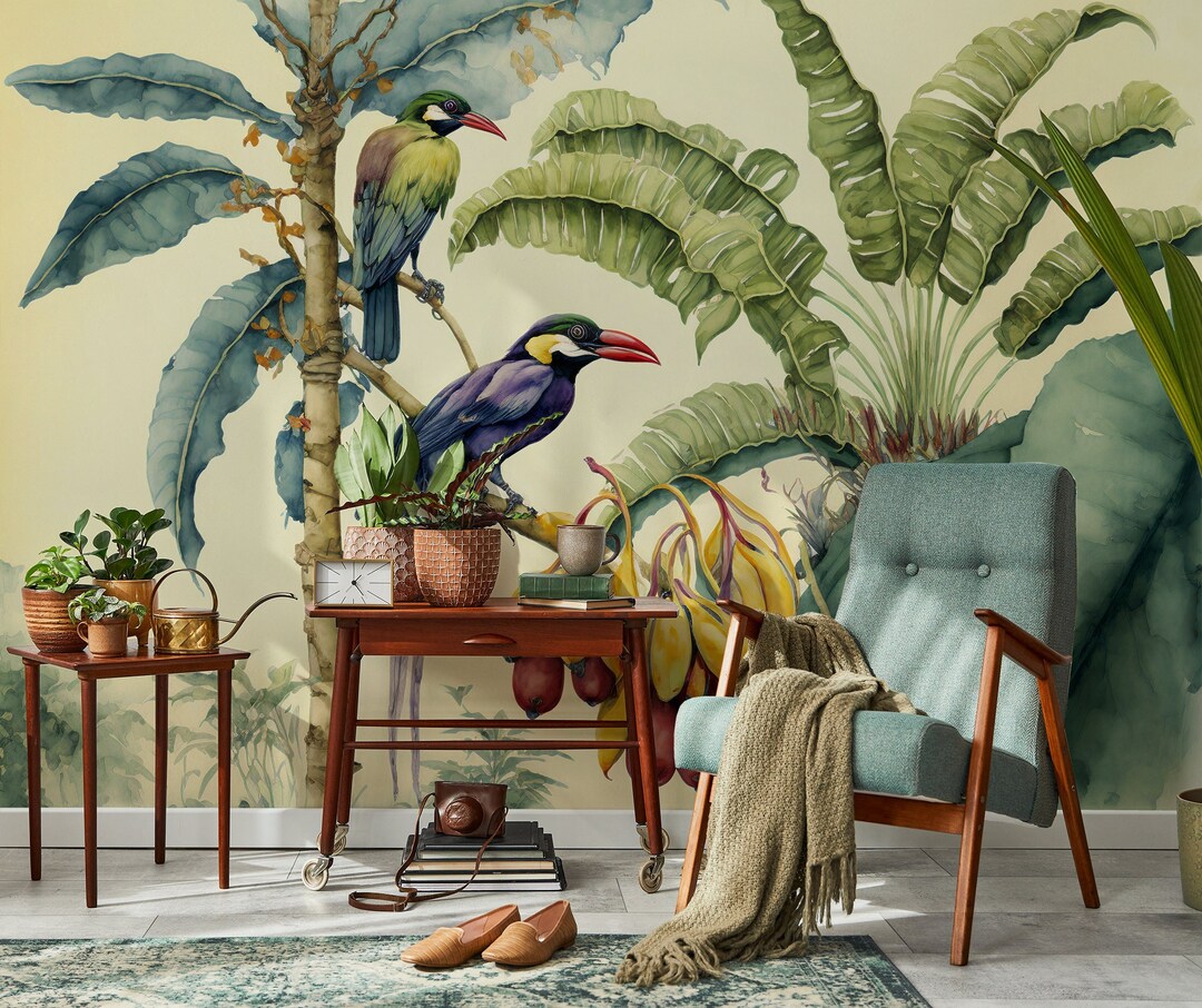 Tropical Birds Watercolor Wallpaper Mural (peel and Stick or Vinyl) - Etsy