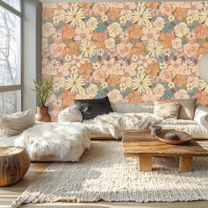Vintage flowers and leaves wallpaper, floral wall mural, home decor, Removable, Peel and Stick or Non Self Adhesive (Vinyl), Wall Decor