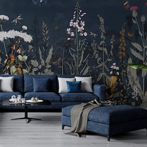 Dark tropical floral wallpaper, Wall Mural, Removable, Self Adhesive (Peel and Stick) or Non Self Adhesive (Vinyl/Traditional)