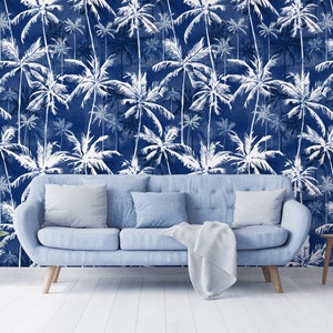 Marineblaue und weiße Palmen Strand Tapete, schalen und aufkleben Wandbild, selbstklebend, tropisches Wanddekor