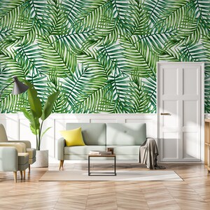Watercolor wallpaper, tropical palm leaves, peel and stick, self adhesive, wall decor, Removable Wallpaper