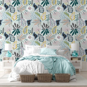 Tropical wallpaper with plants, leaves and exotic flowers, Wall Mural, Removable, Self Adhesive (Peel and Stick), Non Self Adhesive (Vinyl)