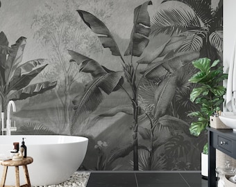 Black and White Tropical Landscape Mural, Removable Peel and Stick Wallpaper (Vinyl)