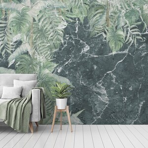 Tropical leaves wallpaper, marble background, peel and stick, self adhesive, wall decor, Removable Wallpaper