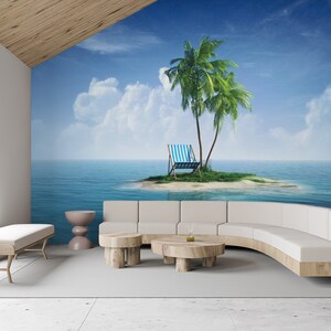 Tropical wallpaper, desert island with palm tree, wall mural, peel and stick, self adhesive, wall decor, Removable Wallpaper