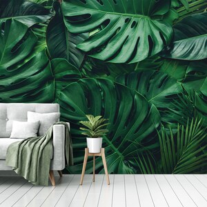 Wallpaper with green monstera and palm leaf, tropical leaf, peel and stick, self adhesive, wall decor, Removable Wallpaper