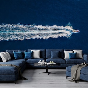 Blue wallpaper with fast boat on sea, Removable, Wall Mural, Self Adhesive (Peel and Stick), Non Self Adhesive (Vinyl/Traditional)
