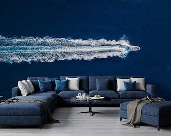 Blue Speedboat Ocean Wallpaper, Removable Peel and Stick Wall Mural