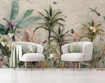 Vintage wallpaper, palm tropical forest, jungle pattern with birds, peel and stick, self adhesive, wall decor, Removable Wallpaper