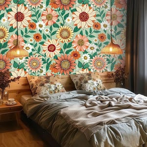 Bunte Blumen Tapete, Blumen- und Blattwandbild, Wohnkultur, abnehmbar, Schälen und Stick oder nicht selbstklebend (Vinyl), Wanddekor
