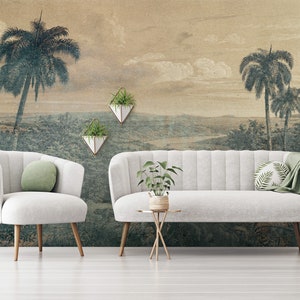 Vintage wallpaper with jungle in the sun, peel and stick, self adhesive, wall decor, Removable Wallpaper