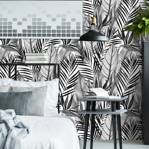 Black and white wallpaper with watercolor tropical palm leaves, tropical wall mural, peel and stick wallpaper, self adhesive, wall decor