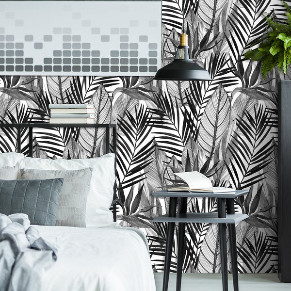 Black and White Palm Wallpaper Etsy