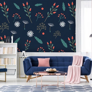 Dark flower pattern, floral wallpaper, peel and stick, self adhesive, wall decor, Removable Wallpaper