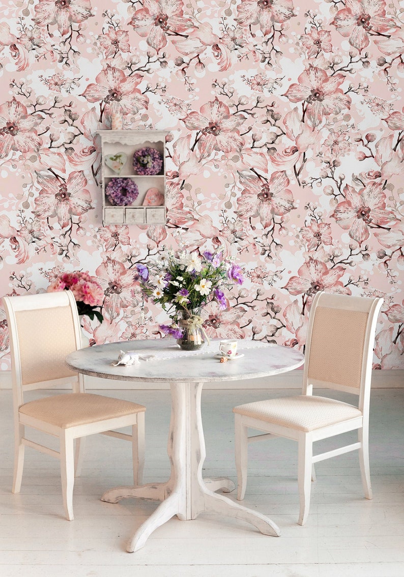 Light Pink Watercolor Floral Wallpaper, Peel and Stick Wall Mural, Self ...