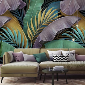 Carta da parati tropicale esotica, foglie di banana colorate pastello, palma, murale a buccia e bastone, autoadesivo, decorazione murale tropicale