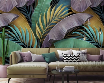 Tropisch exotisch behang, pastelkleurige bananenbladeren, palm, schil- en plakmuurschildering, zelfklevend, tropisch wanddecor