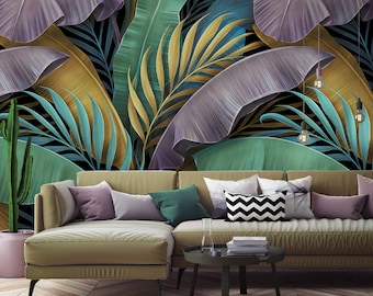 Carta da parati autoadesiva con foglie di banano tropicali, murale con palme dai colori pastello, decorazione autoadesiva