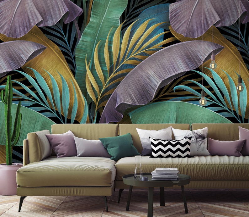 Tropical exotic wallpaper, Pastel colorful banana leaves, palm, peel and stick wall mural, self adhesive, tropical wall decor image 1