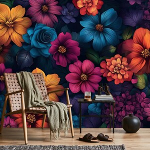 Colorful exotic flowers wallpaper, dark floral wall mural, home decor, Removable, Peel and Stick or Non Self Adhesive (Vinyl), Wall Decor