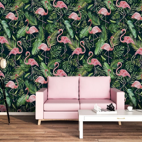 Tropical Wallpaper With Pink Flamingo Tropical Leaves - Etsy