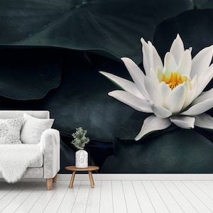 Papier peint vert foncé avec un gros nénuphar blanc, décoration murale florale, papier peint photo, papier peint photo autocollant, autocollant, décoration murale