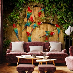 Tropical wallpaper with red parrots, Wall Mural, Self Adhesive (Peel and Stick), Non Self Adhesive (Vinyl/Traditional), Removable