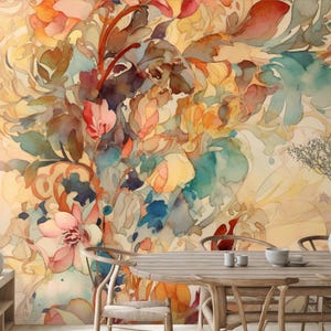 Abstract floral wallpaper, watercolor wall mural, home decor, Removable, Peel and Stick or Non Self Adhesive (Vinyl), Wall Decor
