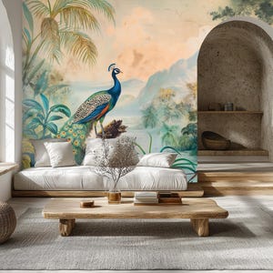 Vintage behang, tropisch regenwoud, pauwmuurschildering, woondecoratie, verwijderbaar, peel and stick of niet-zelfklevend (vinyl), wanddecoratie