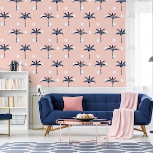 Retro wallpaper with palm trees and polka dot, peel and stick, self adhesive, wall decor, Removable Wallpaper