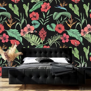 Tropical floral wallpaper, green & red leaves wall mural, home decor, Removable, Peel and Stick or Non Self Adhesive (Vinyl), Wall Decor