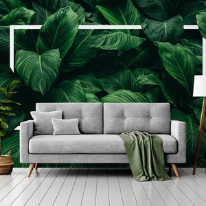 Green abstract wallpaper with natural tropical leaves, Wall Mural, Removable, Self Adhesive (Peel and Stick), Non Self Adhesive (Vinyl)