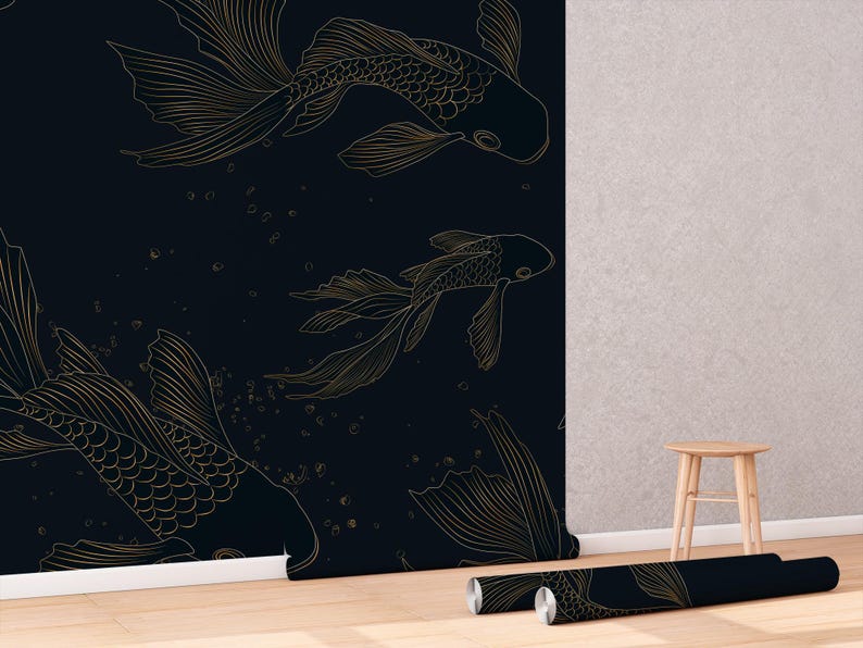 Buy Luxury Dark Wallpaper, Abstract Goldfish Wall Mural, Home Decor