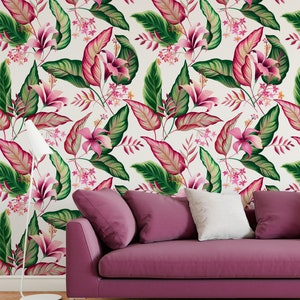 Floral wallpaper with hibiscus and tropical leaves, Wall Mural, Self Adhesive (Peel and Stick), Non Self Adhesive (Vinyl/Traditional)