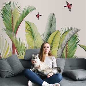 Watercolor Tropical Leaves Wallpaper, Exotic Peel and Stick Wall Mural ...