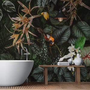 Dark green tropical wallpaper, leaf and bird wall mural, home decor, Removable, Peel and Stick or Non Self Adhesive (Vinyl), Wall Decor