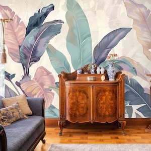 Abstract banana leaves wallpaper, tropical wall mural, home decor, Removable, Peel and Stick or Non Self Adhesive (Vinyl), Wall Decor