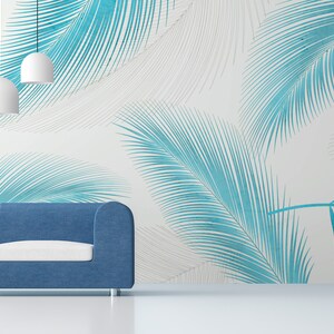 Abstract wallpaper, blue tropical palm leaves, Wall Mural, Removable, Self Adhesive (Peel and Stick), Non Self Adhesive (Vinyl), Wall Decor