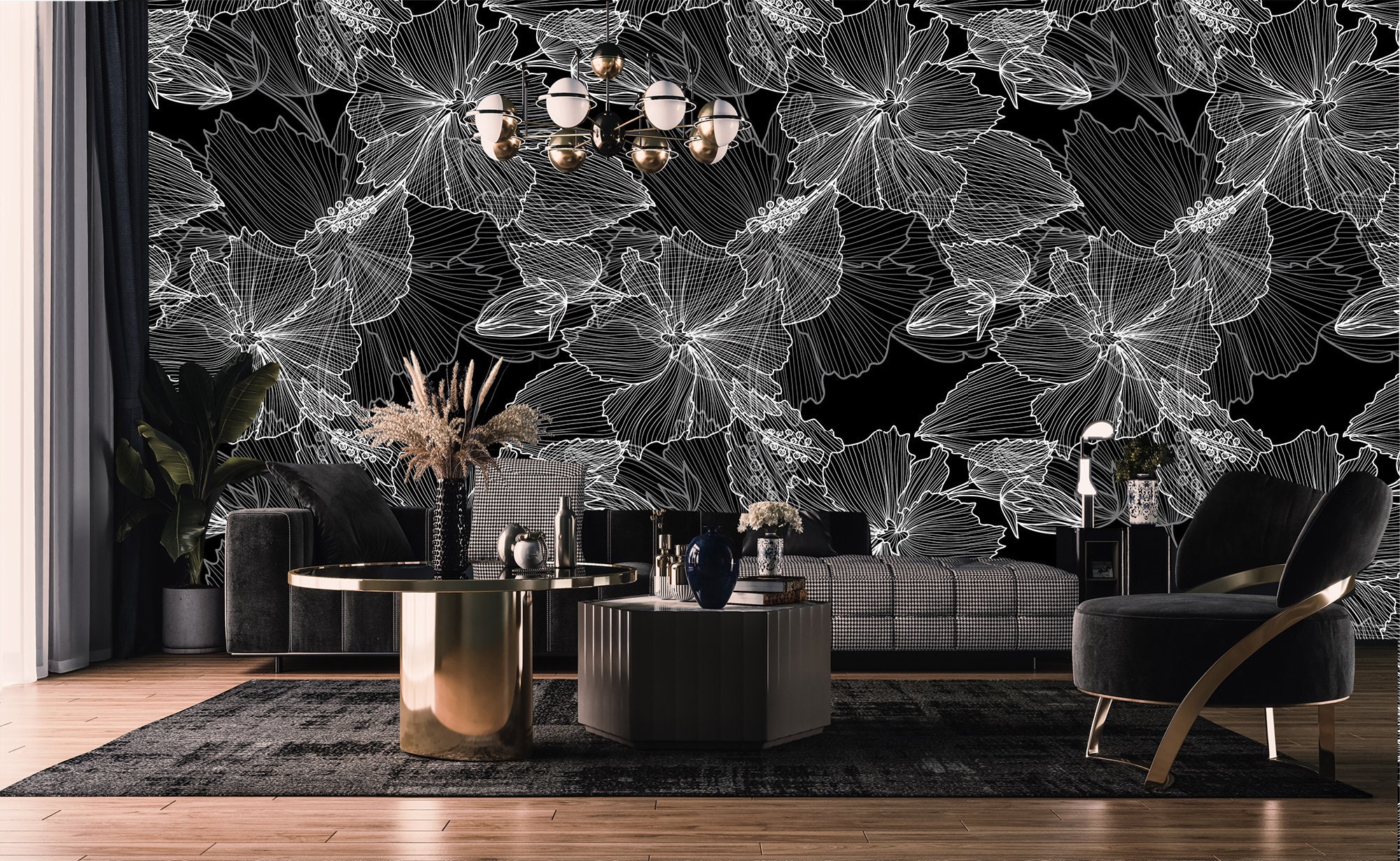 Floral Black and White Wallpaper, Tropical Peel and Stick Wall Mural - Etsy