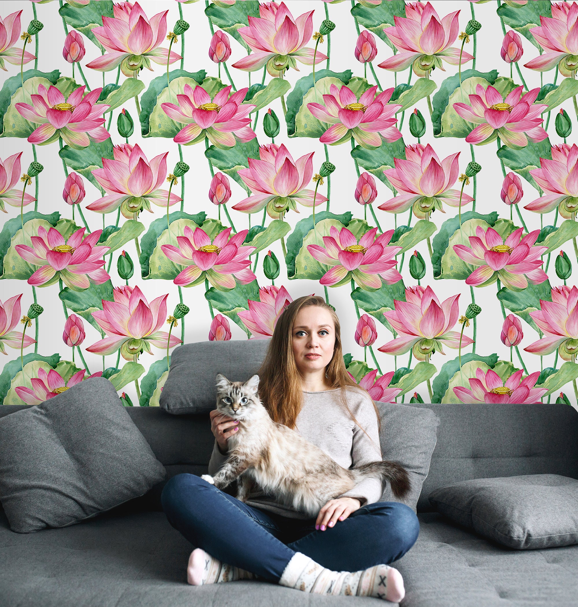Floral Wallpaper With Watercolor Pink Lotus Flower and Leaves, Floral ...