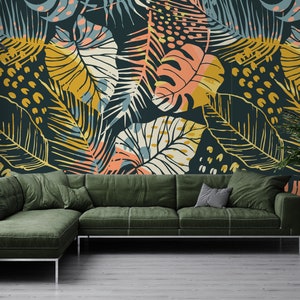 Carta da parati con foglie astratte tropicali, stampa di foglie, carta da parati autoadesiva, murale staccabile e attaccabile, autoadesiva, decorazione murale tropicale