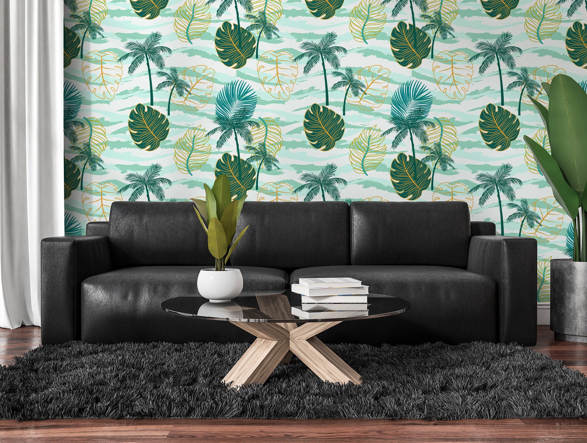 Tropical Wallpaper With Palm Tree and Leaves Peel and Stick - Etsy