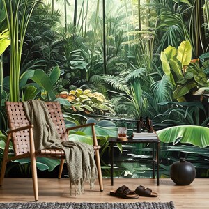 Tropical garden wallpaper, green wall mural, home decor, Removable, Peel and Stick or Non Self Adhesive (Vinyl), Wall Decor