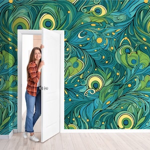 Green and blue peacock feathers wallpaper, Wall Mural, Self Adhesive (Peel and Stick), Non Self Adhesive (Vinyl/Traditional)