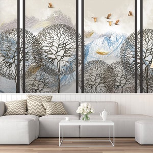 Abstract wallpaper, gray, snow-capped mountains, trees, flying birds, peel and stick wall mural, tropical wall decor