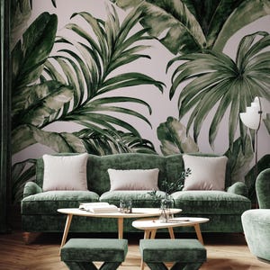 Tropical leaves vintage wallpaper, botanical wall mural, home decor, Removable, Peel and Stick or Non Self Adhesive (Vinyl), Wall Decor