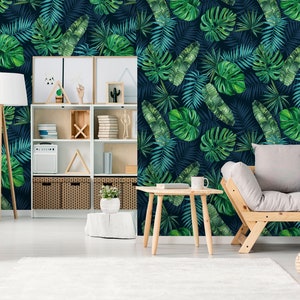 Tropical Green Wallpaper Palm and Monstera Leaves Jungle - Etsy