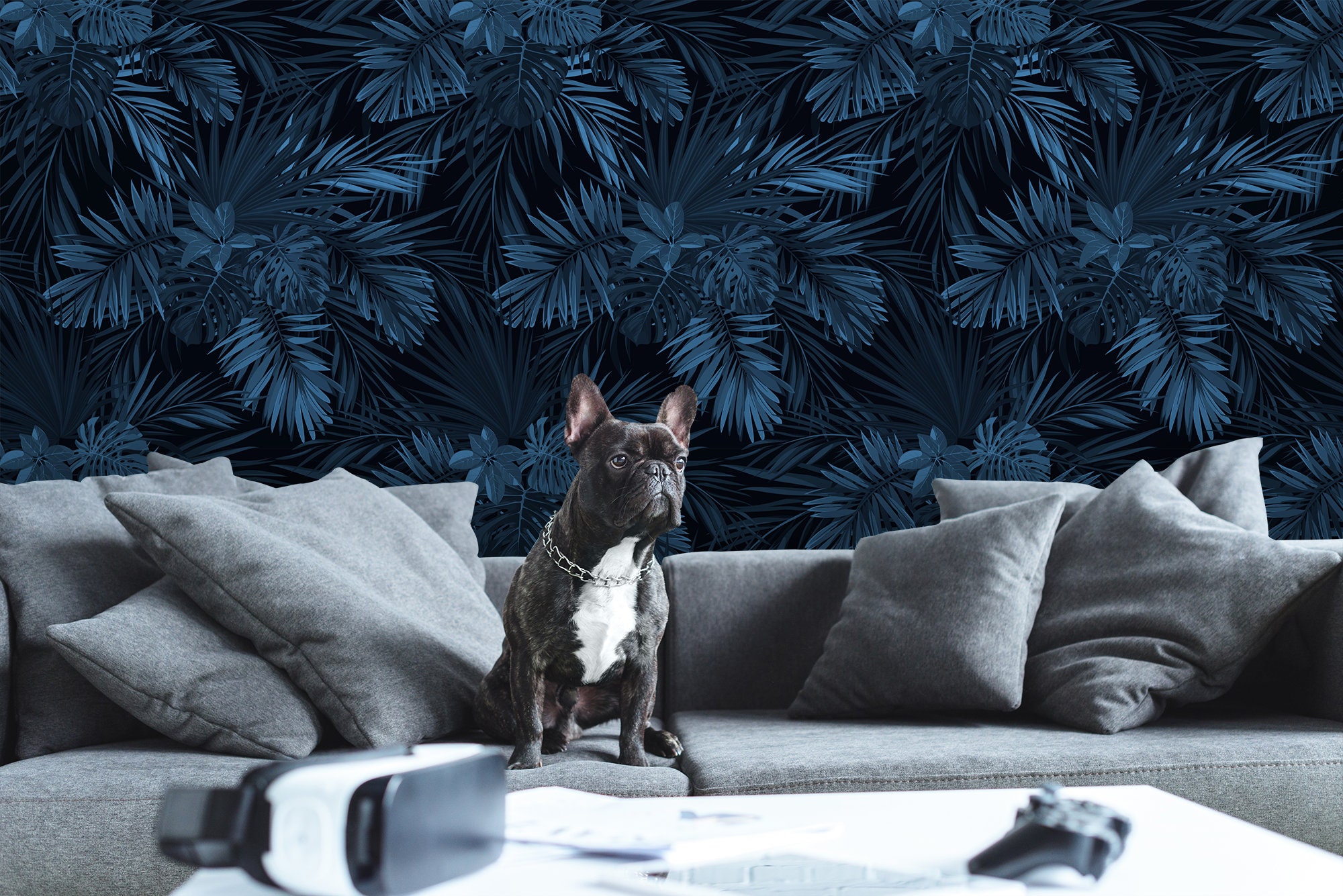 Dark Navy Blue Tropical Wallpaper With Exotic Leaves Wall Etsy