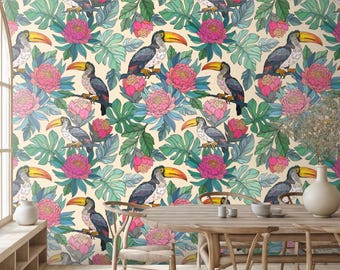 Papel de Parede com Tucano e Folhas Tropicais, Mural de Parede Floral Exótico, Decoração para Casa (Autoadesivo)