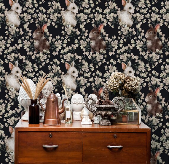 Dark Vintage Wallpaper With Little Bunnies And White Flowers Etsy